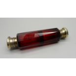A ruby glass double scent bottle, (tops dented)