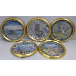 Five circular gilt framed Chinese paintings on silk with embroidered border