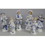 A collection of six blue and white continental figures
