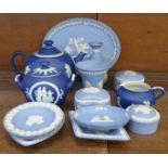 A collection of Wedgwood Jasperware and an Adams Tunstall dark blue Jasper tea service, chip to