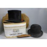 A Tress & Co. silk top hat, hat brush and a Bennetts of London bowler hat, (top hat opening 152mm