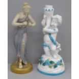 A Royal Worcester figure, 1828 mark to base, a/f and a porcelain cherub candlestick