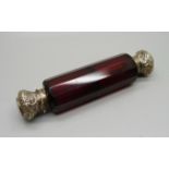 A ruby glass double scent bottle, (hinge a/f, top dented)