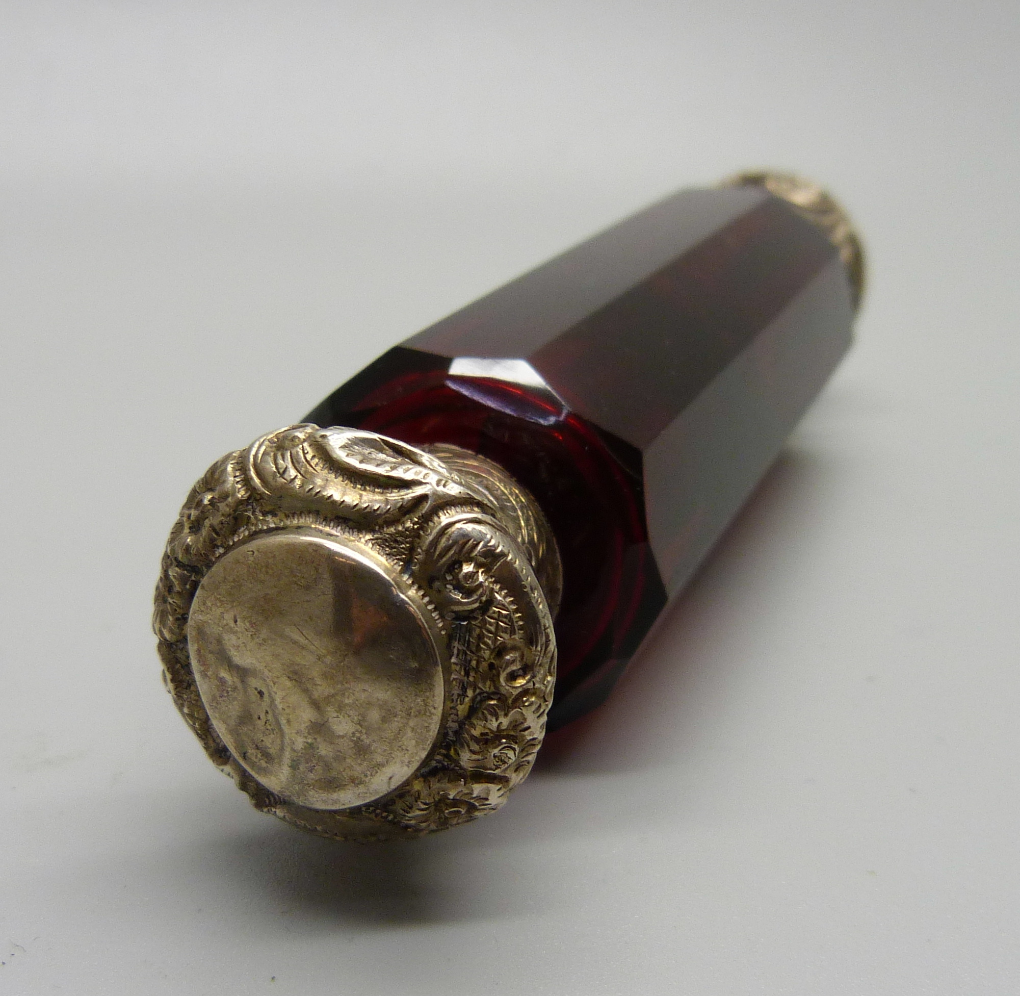 A ruby glass double scent bottle, (hinge a/f, top dented) - Image 5 of 7