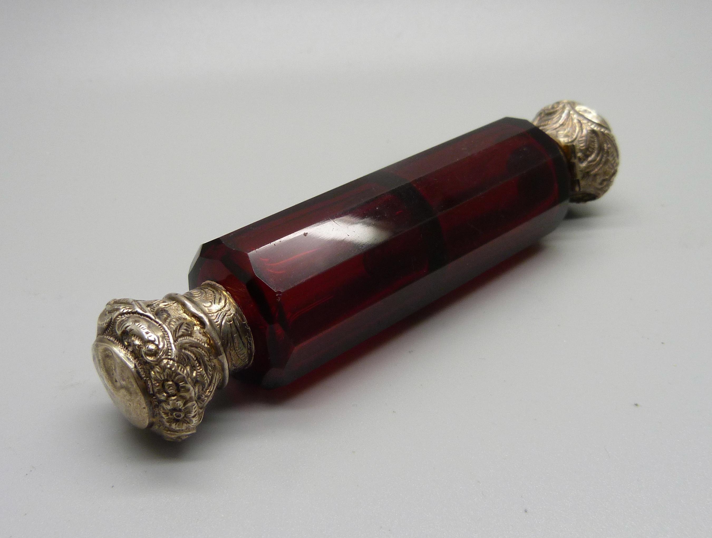 A ruby glass double scent bottle, (hinge a/f, top dented) - Image 4 of 7