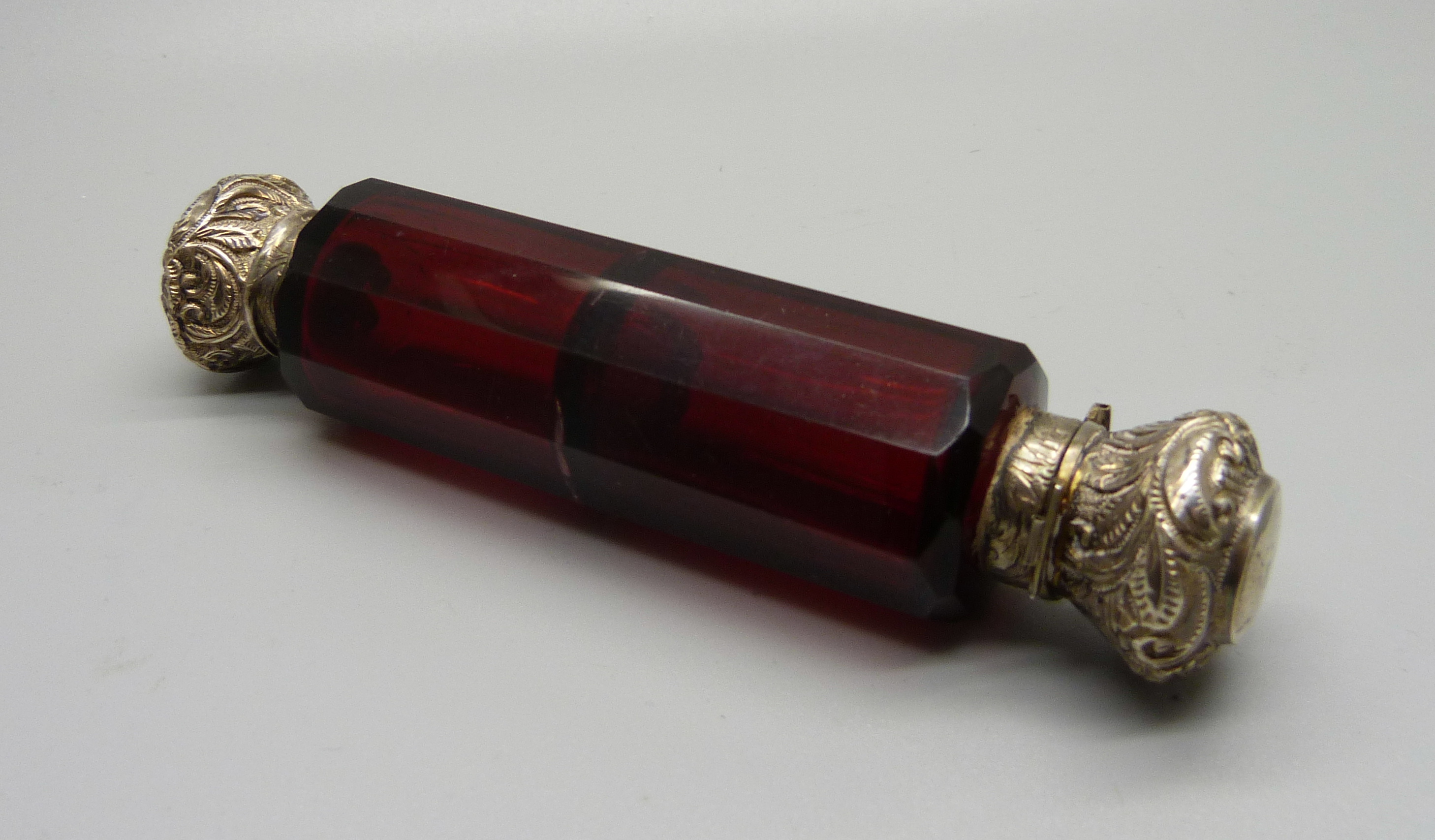 A ruby glass double scent bottle, (hinge a/f, top dented) - Image 3 of 7