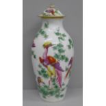 A late 18th Century Chelsea vase and cover, decorated with birds, lid restored, gold anchor mark,