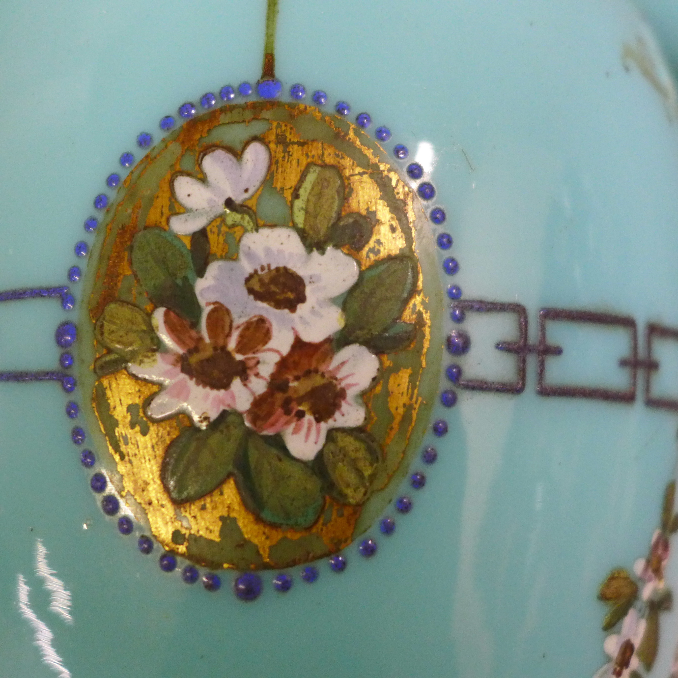 A pair of blue opaline glass vases and one taller lidded vase, enamel painted of swags of flowers - Image 5 of 6