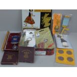 Two Festival of Britain 1951 crowns, two World Cup keyrings, regalia and a silver lodge medal, cased