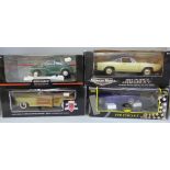 Four 1/18 scale model cars comprising Motor City Classics, Minichamps, Jadi and American Missile