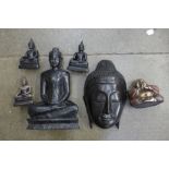 Six hardwood and resin Buddhas and mask