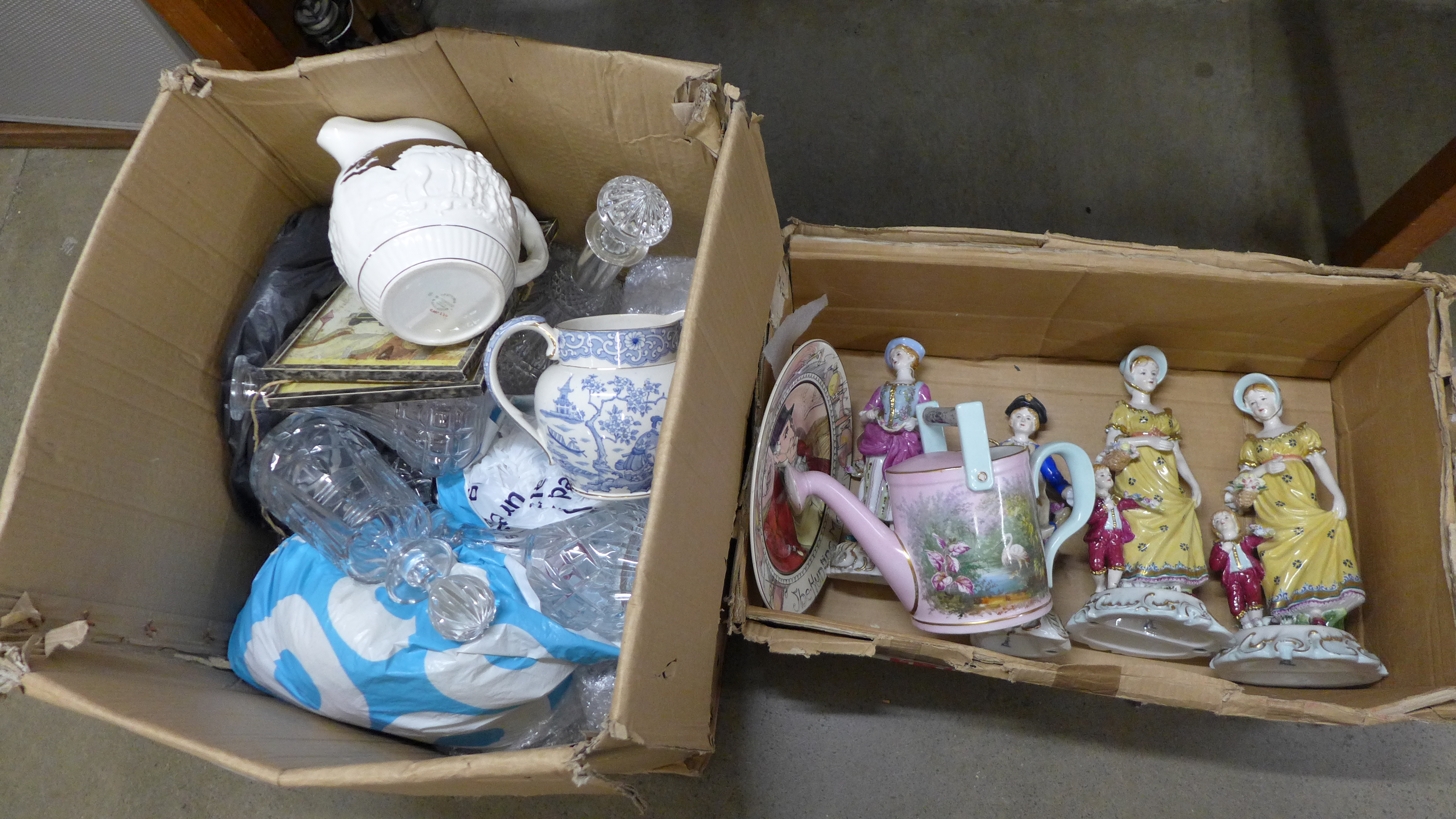 Two boxes of assorted china, glass decanters, figures etc. **PLEASE NOTE THIS LOT IS NOT ELIGIBLE