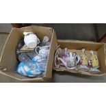 Two boxes of assorted china, glass decanters, figures etc. **PLEASE NOTE THIS LOT IS NOT ELIGIBLE