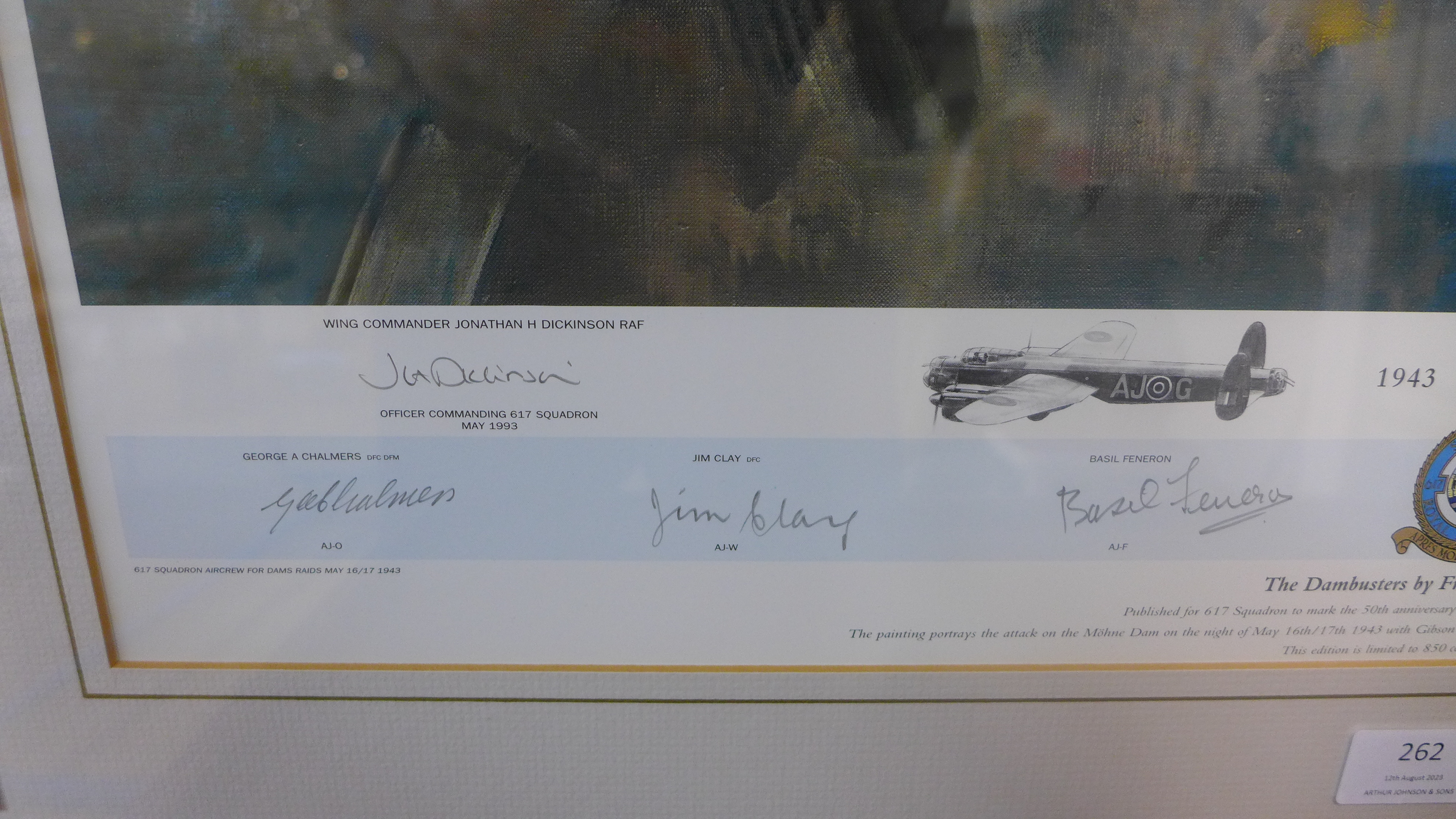 A Frank Wooton print, The Dambusters, signed by the artist and 617 Squadron crew, framed - Image 2 of 4