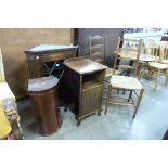 A George III oak wall hanging corner cabinet, a mahogany bedside table and two chairs