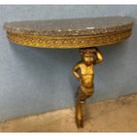 An Italian style gilt and marble topped demi-lune console table