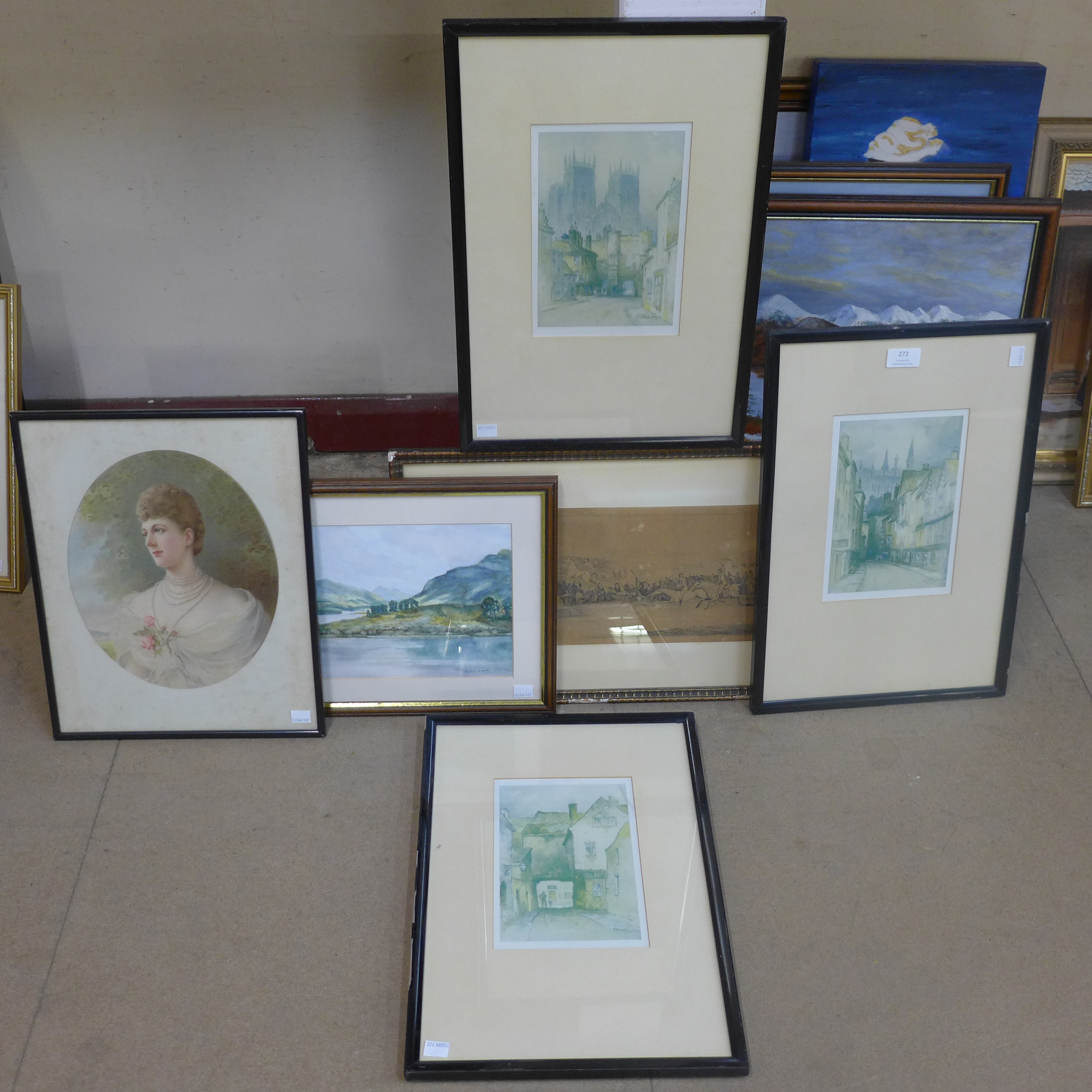 Five assorted prints and a watercolour