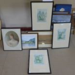 Five assorted prints and a watercolour