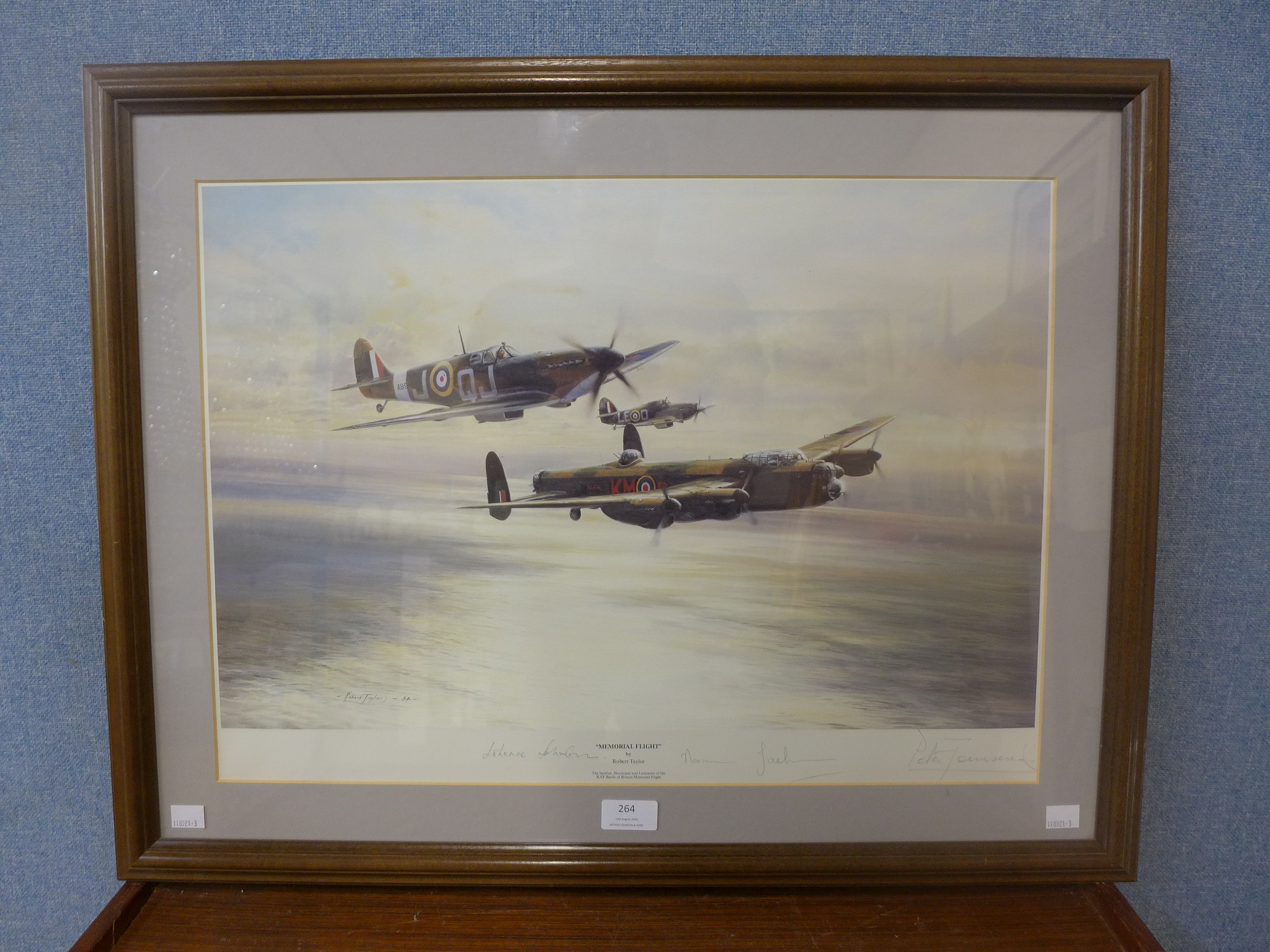 A Robert Taylor print, Memorial Flight, signed by pilots, framed