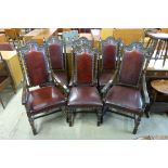 A set of six Jaycee carved oak and burgundy leather dining chairs