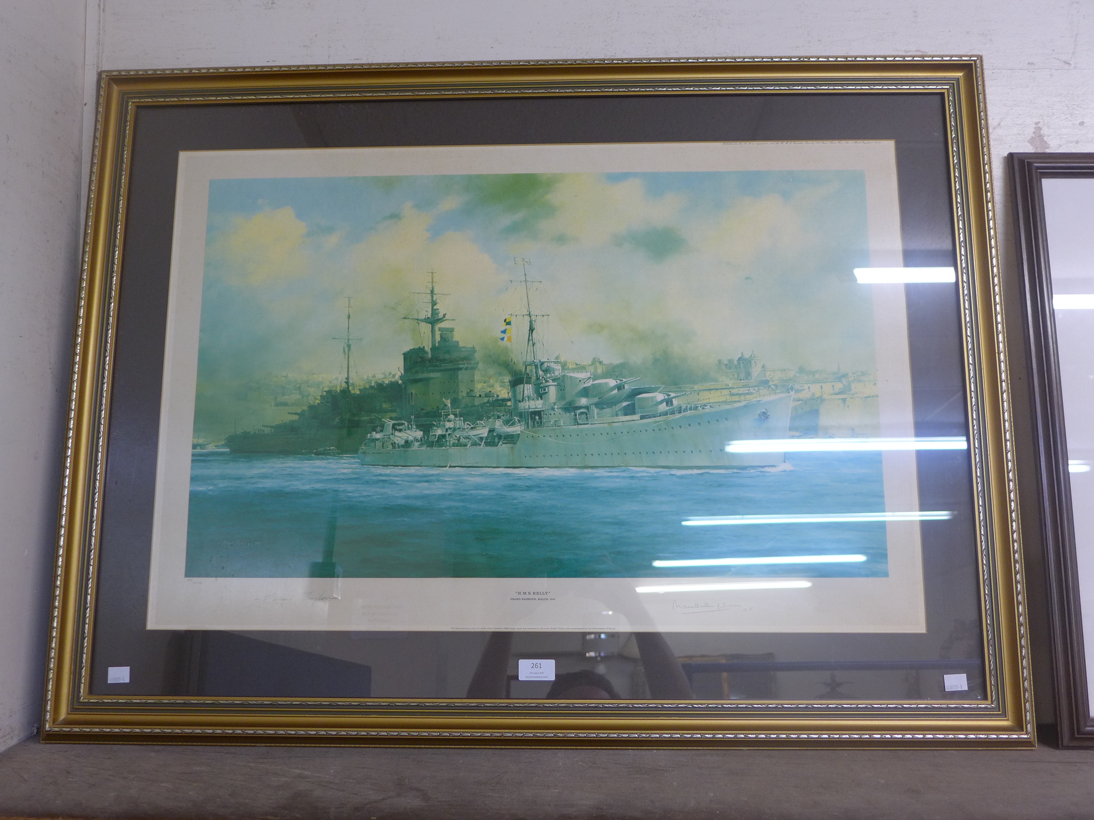 A Robert Taylor print, H.M.S. Kelly, Grand Harbour, Malta, 1941, signed by the artist and Earl