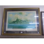 A Robert Taylor print, H.M.S. Kelly, Grand Harbour, Malta, 1941, signed by the artist and Earl