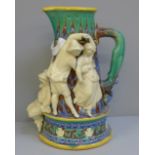 A Minton style Majolica Taverner pitcher, tapered form, with several unruly tavern figures, a/f,