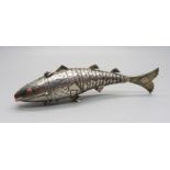 A novelty white metal reticulated fish pill box, 12.5cm