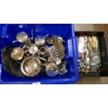 Plated ware, pewter and cutlery; a GHN tea set, General Hospital, Nottingham, plated biscuit barrel,