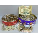 Two tins of foreign bank notes and coins, and British coinage, etc., 6.35kg