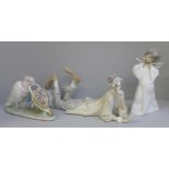 Three Lladro figures, two boxed:- Mime Angel, How Skillful and Clown