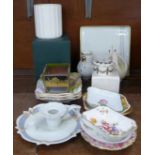 A collection of small dishes including Royal Albert, Royal Doulton, Royal Crown Derby, a vase and