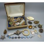 A box of costume jewellery including rolled gold and a baby's rattle