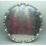 A silver tray bearing inscription relating to the House of Lords dated 1960, hallmarked London 1955,