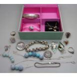 Silver jewellery including a bangle, two bracelets, a brooch, rings, etc.