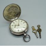 A silver cased hunter pocket watch by F. Dent, London 1855, movement with diamond end stone, glass