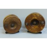 Two wooden fishing reels