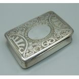 A white metal snuff box with gilt interior, continental marks, 77g, 73mm wide