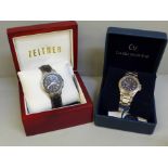 Two designer watches, Zeitner and Claude Valentini, boxed