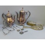 Silver plated teapots/coffee pot, etc. and a silver mirror