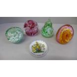 Four Caithness glass paperweights and a Queen Elizabeth II Diamond Jubilee paperweight, boxed