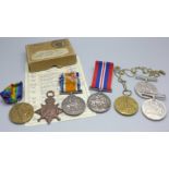 A trio of WWI medals including 1914 Mons Star to 11478 Pte. W. Ball 4/R. Fus., a pair of WWI