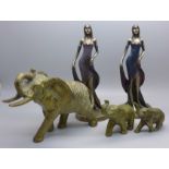 Two Art Deco style figures of ladies and three brass elephant figures