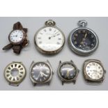 Four mechanical wristwatches; one silver, two pocket watches and a watch guard