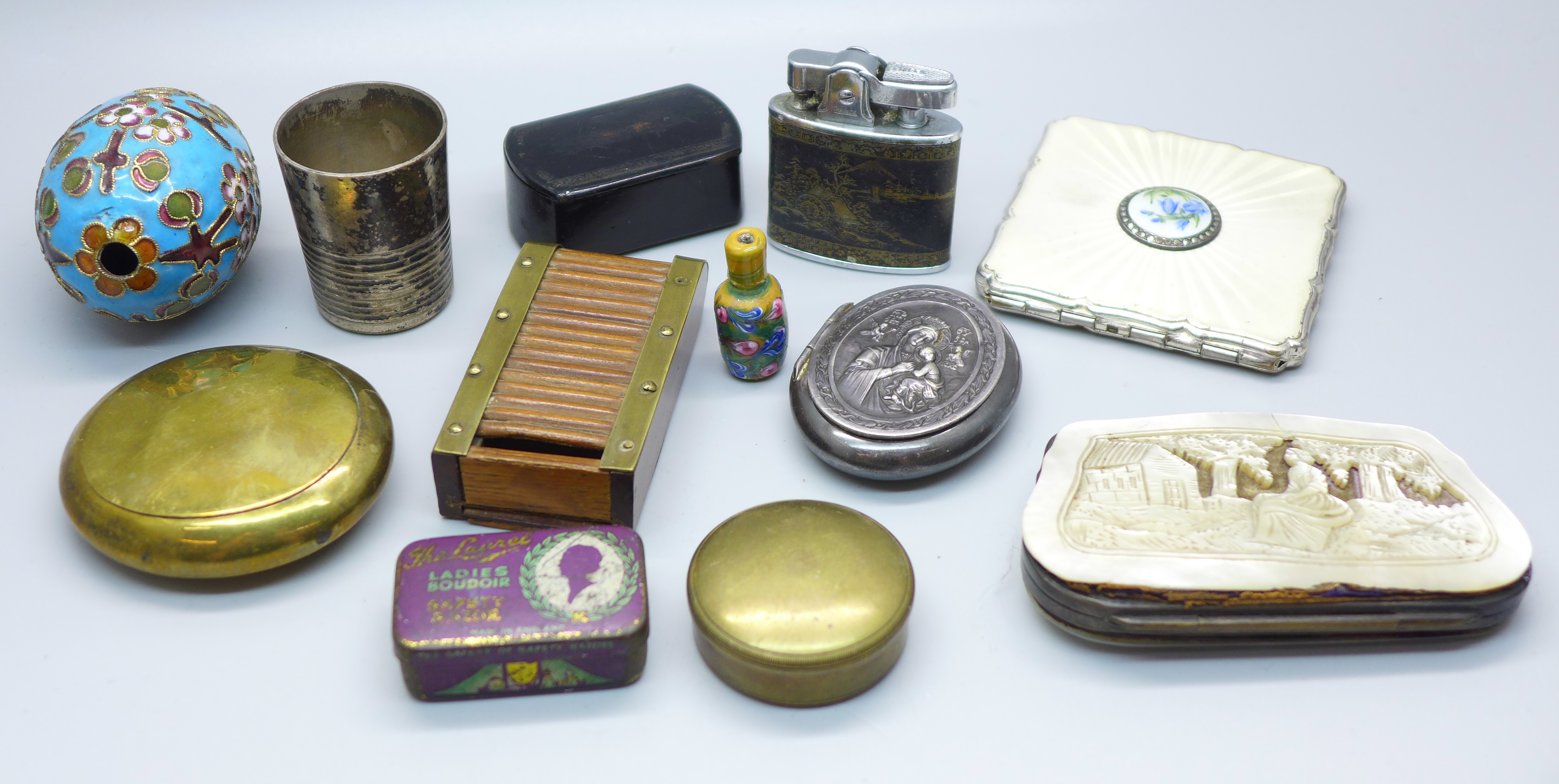 A guilloche enamel Stratton compact, pill boxes, a mother of pearl purse, etc.