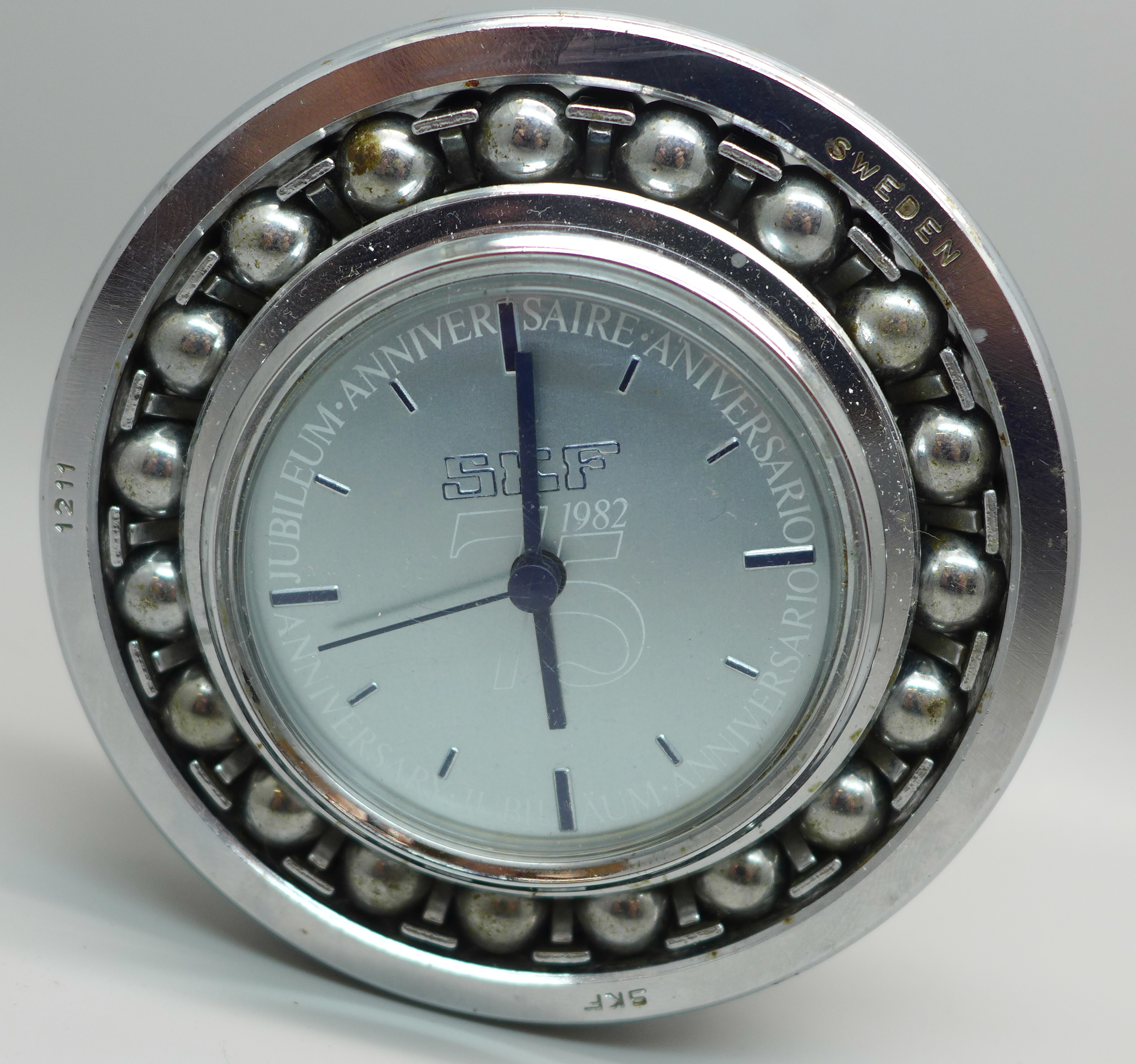 A commemorative SKF Swedish wheel bearing clock