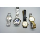 Four wristwatches, Roamer 17 Jewels Supershock with engraved back, Pulsar chronograph, Accurist