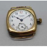 A 9ct gold cased Waltham wristwatch head, back bears inscription dated 1924, 29mm case, dial