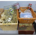 Two boxes of assorted items including mixed china, tins, curtain tie backs, etc. **PLEASE NOTE