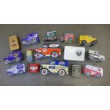 A collection of novelty tins including Oxo, vehicles and a 'radio'